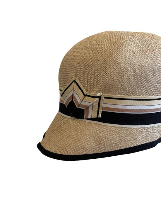 Louise Green Beige Straw Hat With Black & Striped Ribbon Accent USA Deadstock main image 7